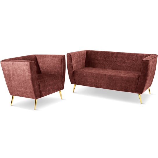Zestaw Mebli Lara: Fotel I Sofa W Kolorze Brązowo-Czerwonym Ze Złotymi Nogami POSTERGALERIA