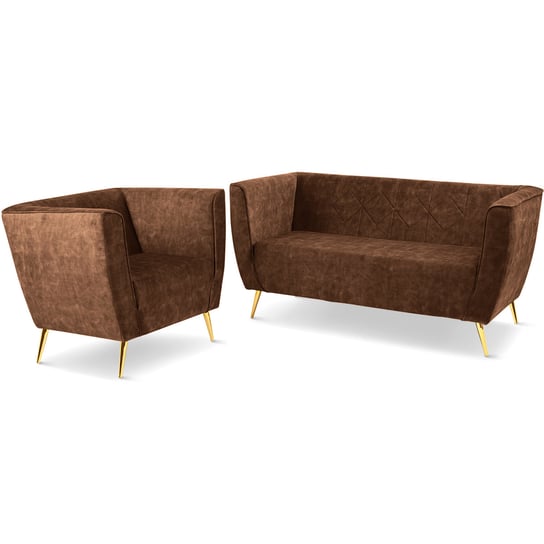Zestaw Mebli Lara: Fotel I Sofa W Kolorze Brązowym Ze Złotymi Nogami POSTERGALERIA