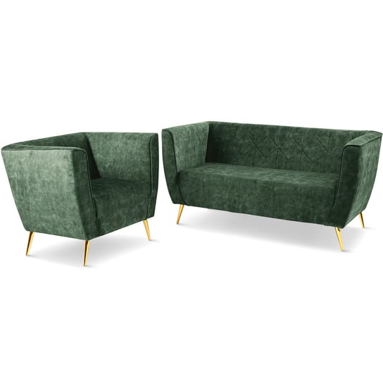 Zestaw Mebli Lara: Fotel I Sofa W Kolorze Zielonym Ze Złotymi Nogami POSTERGALERIA