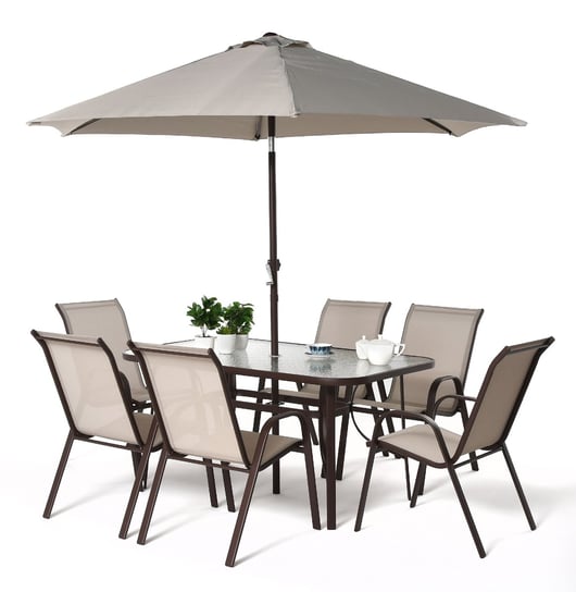 Zestaw mebli ogrodowych 6 krzeseł stół z parasolem beż HOME INVEST INTERNATIONAL