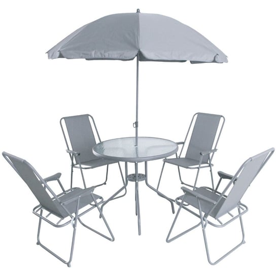 Zestaw mebli ogrodowych okrągły stół 4 krzesła i parasol ciemny szary SASKA GARDEN Saska Garden