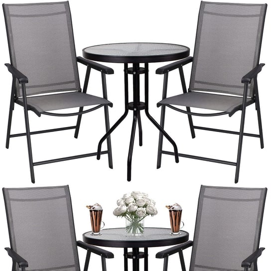 Zestaw mebli ogrodowych stół okrągły i 2 krzesła metalowe komplet na balkon czarno-szary Springos