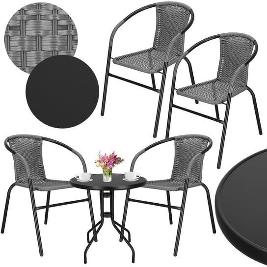 Zestaw mebli ogrodowych stół okrągły i 2 krzesła metalowe komplet ogrodowy czarno-szary Springos