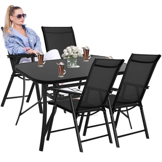 Zestaw mebli ogrodowych stół ze szkłem hartowanym, 4 krzesła komplet na taras czarny Springos