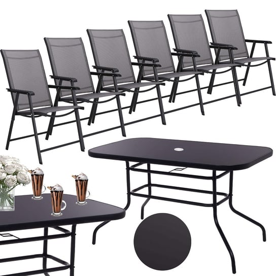 Zestaw mebli ogrodowych stół ze szkłem hartowanym, 6 krzeseł komplet na taras czarno-szary Springos