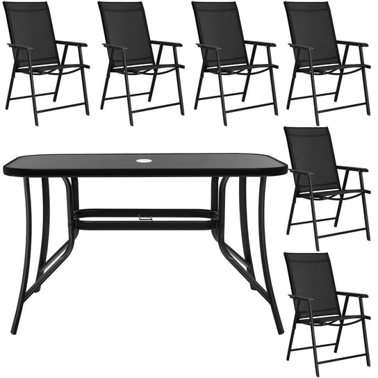 Zestaw mebli ogrodowych stół ze szkłem hartowanym, 6 krzeseł komplet na taras czarny Springos