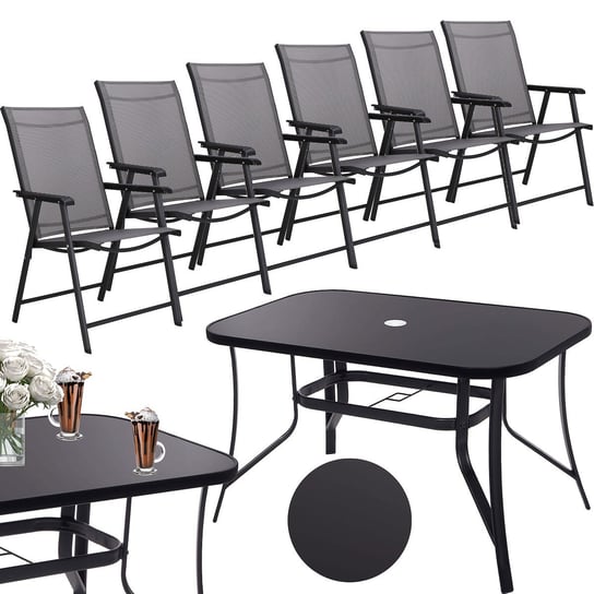 Zestaw mebli ogrodowych stół ze szkłem hartowanym, 6 krzeseł komplet na taras szaro-czarny Springos