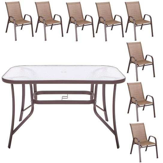 Zestaw mebli ogrodowych stół ze szkłem hartowanym, 8 krzeseł komplet na taras brązowy Springos