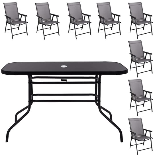 Zestaw mebli ogrodowych stół ze szkłem hartowanym, 8 krzeseł komplet na taras czarno-szary Springos
