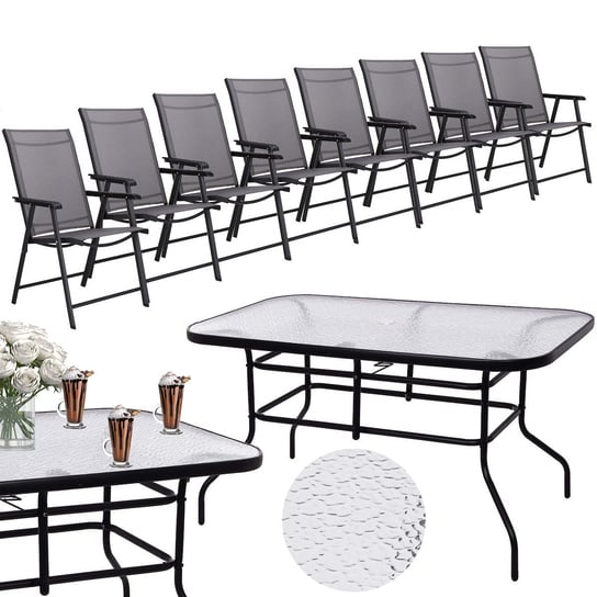 Zestaw mebli ogrodowych stół ze szkłem hartowanym, 8 krzeseł komplet na taras czarno-szary Springos