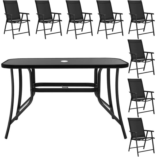 Zestaw mebli ogrodowych stół ze szkłem hartowanym, 8 krzeseł komplet na taras czarny Springos