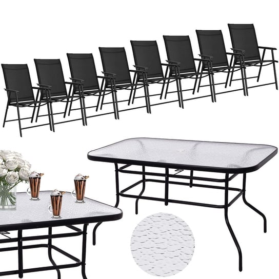 Zestaw mebli ogrodowych stół ze szkłem hartowanym, 8 krzeseł komplet na taras czarny Springos