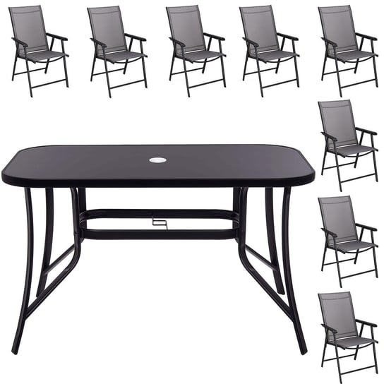 Zestaw mebli ogrodowych stół ze szkłem hartowanym, 8 krzeseł komplet na taras szaro-czarny Springos