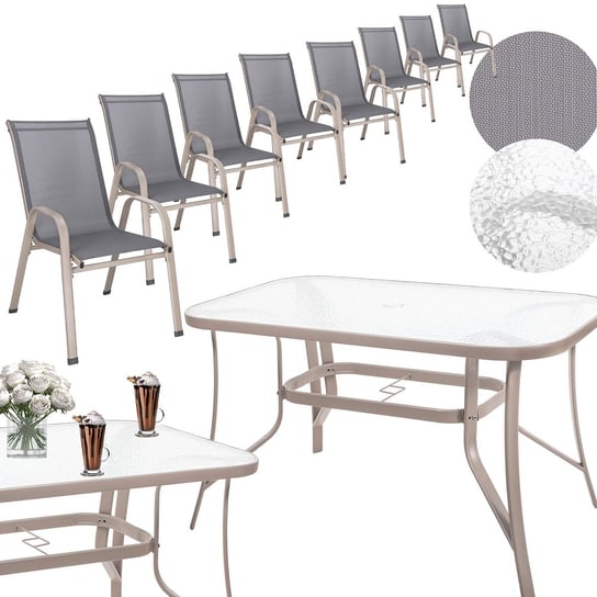 Zestaw mebli ogrodowych stół ze szkłem hartowanym, 8 krzeseł komplet na taras szary Springos