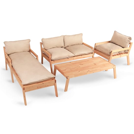 Zestaw mebli ogrodowych z drewna naturalnego SUNNY: fotel, sofa, leżak, stolik POSTERGALERIA