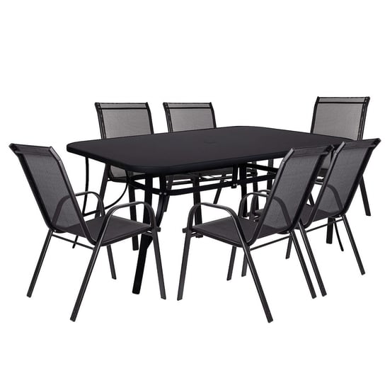 Zestaw mebli ogrowowych stół 150 cm i 6 krzeseł metalowe czarne komplet ogrodowy dla 6 osób Springos