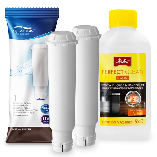 Zestaw MELITTA filtr Aqualogis AL-TES46 2szt, Płyn czyszczący systemy mleczne Perfect Clean 250ml Aqualogis
