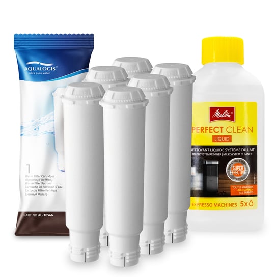 Zestaw MELITTA filtr Aqualogis AL-TES46 6szt, Płyn czyszczący systemy mleczne Perfect Clean 250ml Aqualogis