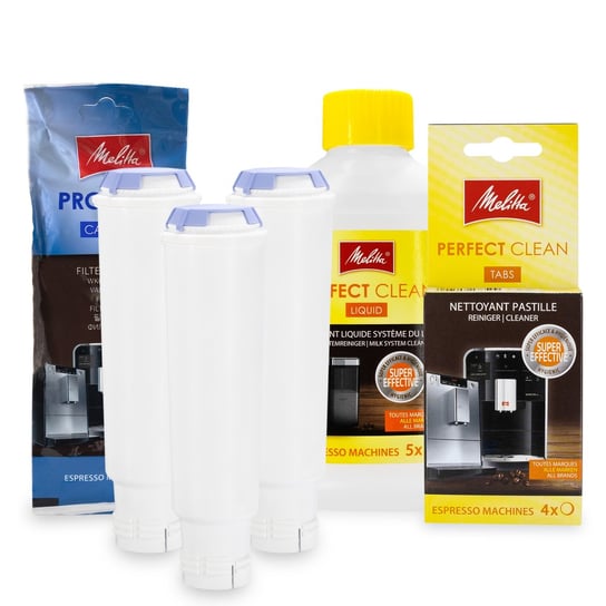 Zestaw MELITTA filtr Claris Pro Aqua 3szt, Perfect Clean Liquid 250ml, Tabletki Perfect Clean 4szt Aqualogis