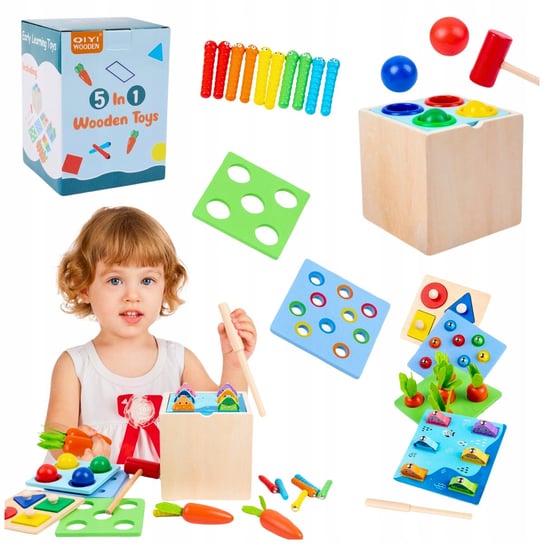 Zestaw Montessori 5W1 Drewniana Zabawka Układanka Sorter Warzywa Rybki Inna marka