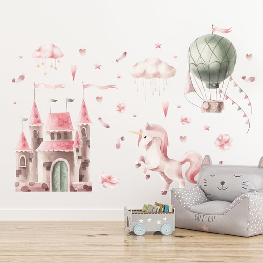 ZESTAW Naklejek DLA DZIECI Jednorożec Akwarelowy Zamek Balon Różowe Chmurki Muralo