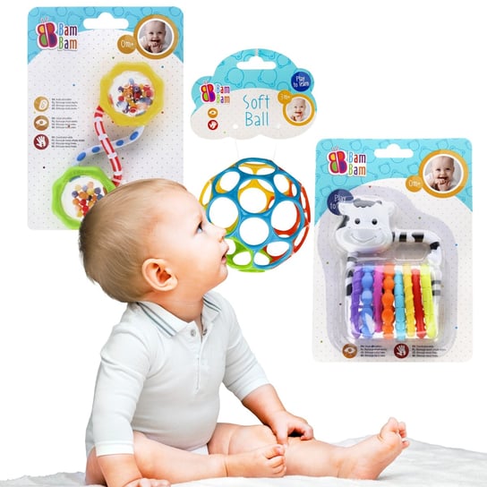 Zestaw niemowlęcy 2x grzechotka + gumowa kula, zabawki edukacyjne BamBam Uniwersalny sarcia.eu