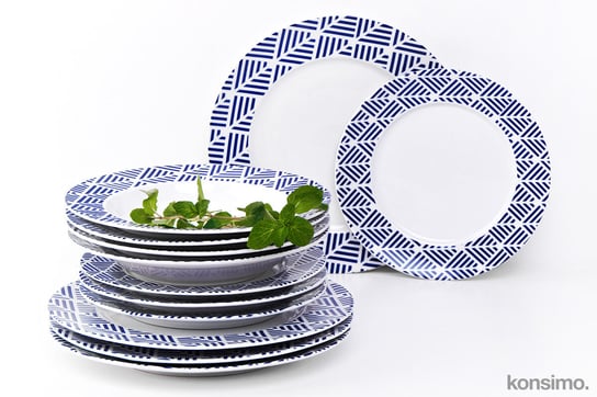 Zestaw obiadowy, 4 os. (12 el) LIVIDUS biały/niebieski, Ø26,Ø19,Ø23 cm, porcelana Konsimo
