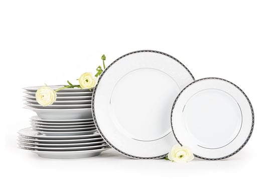 Zestaw obiadowy porcelana 18 elementów biały / platynowy wzór dla 6 os. AMELIA PLATYNA Konsimo Konsimo