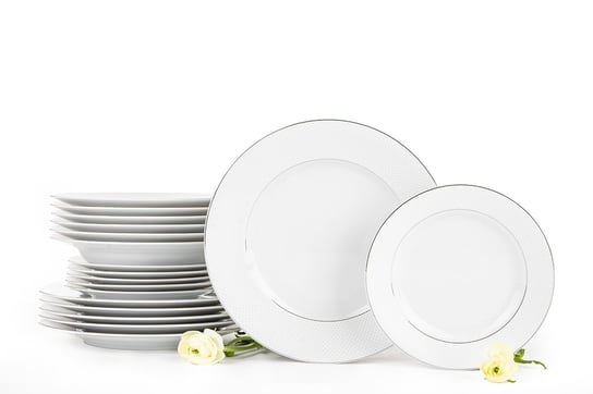 Zestaw obiadowy porcelana 18 elementów biały / srebrny wzór dla 6 os. AMELIA SATYNA Konsimo Konsimo