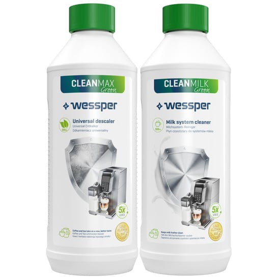 Zestaw Odkamieniacz Do Ekspresu Wessper Cleanmax Green, 500 Ml + Płyn Czyszczący System Spieniania Mleka Cleanmilk Green, 500 Ml Wessper