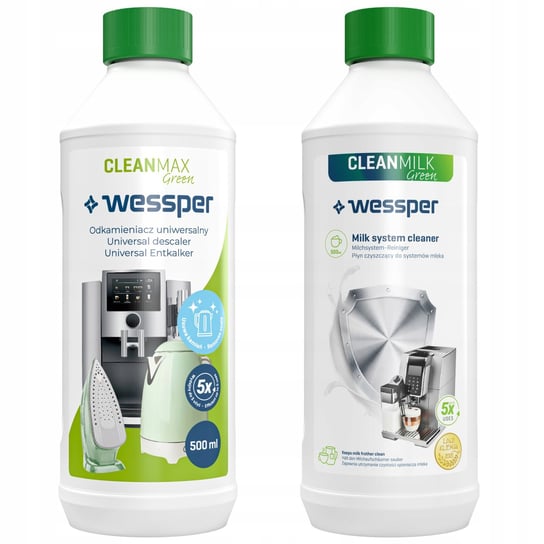 Zestaw Odkamieniacz Do Ekspresu Wessper Cleanmax Green, 500 Ml + Płyn Czyszczący System Spieniania Mleka Cleanmilk Green, 500 Ml Wessper