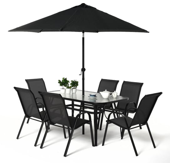 Zestaw ogrodowy 6 krzeseł stół parasol czarny HOME INVEST INTERNATIONAL
