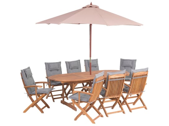 Zestaw ogrodowy drewniany BELIANI Maui, stół z parasolem i 8 krzeseł z poduszkami szarymi Beliani