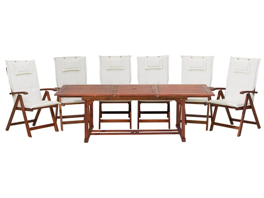 Zestaw ogrodowy drewniany stół i 6 krzeseł z białymi poduszkami TOSCANA Beliani