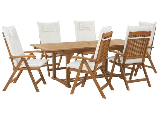 Zestaw ogrodowy drewniany stół i 6 krzeseł z poduszkami białymi JAVA Beliani