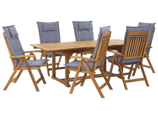 Zestaw ogrodowy drewniany stół i 6 krzeseł z poduszkami niebieskimi JAVA Beliani