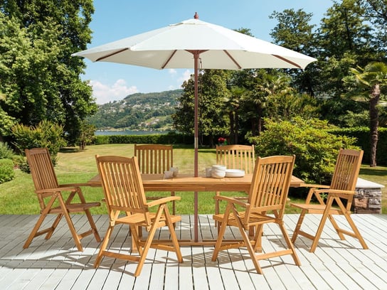 Zestaw ogrodowy drewno akacjowe stół i 6 krzeseł JAVA z parasolem (12 opcji do wyboru) Beliani
