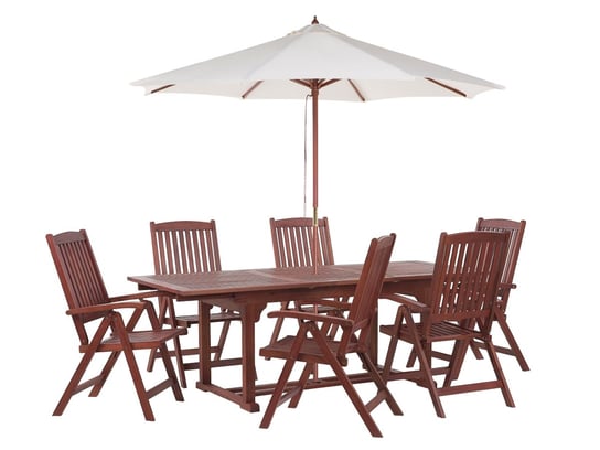 Zestaw ogrodowy drewno akacjowe stół i 6 krzeseł TOSCANA z parasolem (12 opcji do wyboru) Beliani