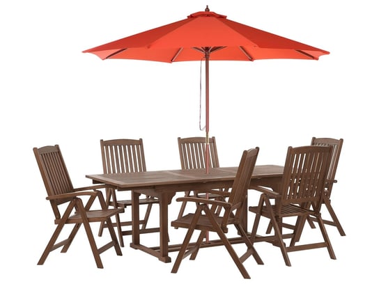 Zestaw ogrodowy drewno akacjowe stół i 6 krzeseł z parasolem czerwonym AMANTEA Beliani