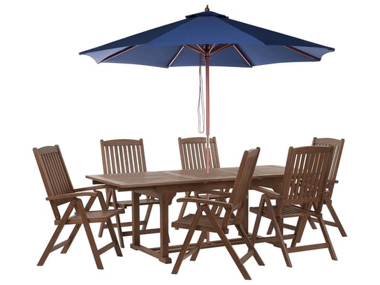 Zestaw ogrodowy drewno akacjowe stół i 6 krzeseł z parasolem niebieskim AMANTEA Beliani