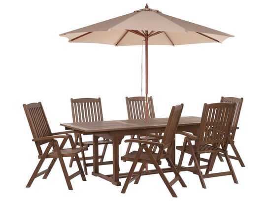 Zestaw ogrodowy drewno akacjowe stół i 6 krzeseł z parasolem piaskowym AMANTEA Beliani
