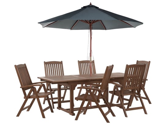 Zestaw ogrodowy drewno akacjowe stół i 6 krzeseł z parasolem szarym AMANTEA Beliani