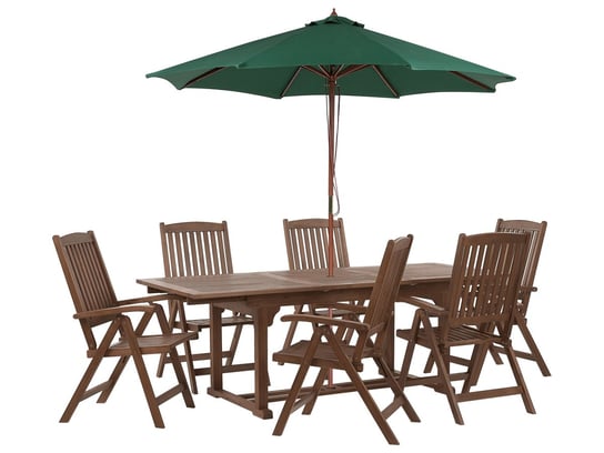Zestaw ogrodowy drewno akacjowe stół i 6 krzeseł z parasolem zielonym AMANTEA Beliani