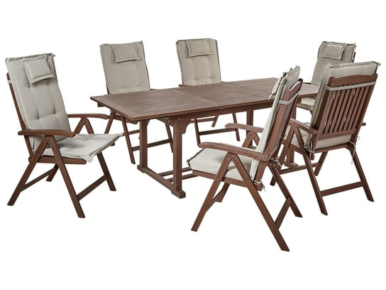 Zestaw ogrodowy drewno akacjowe stół i 6 krzeseł z poduszkami beżowoszarymi AMANTEA Beliani