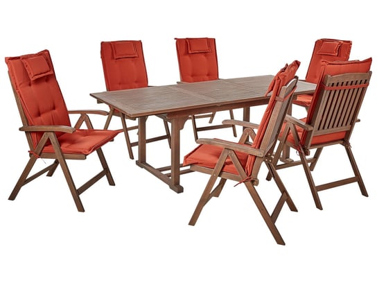 Zestaw ogrodowy drewno akacjowe stół i 6 krzeseł z poduszkami czerwonymi AMANTEA Beliani