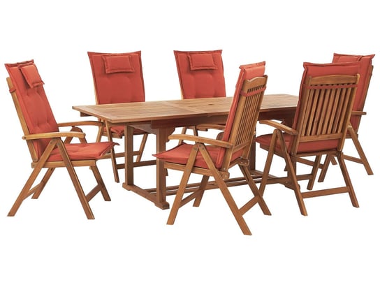 Zestaw Ogrodowy Drewno Akacjowe Stół I 6 Krzeseł Z Poduszkami Czerwonymi Java Beliani