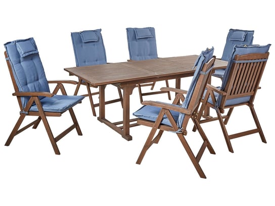 Zestaw ogrodowy drewno akacjowe stół i 6 krzeseł z poduszkami niebieskimi AMANTEA Beliani