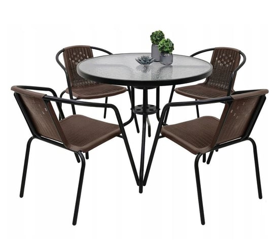 Zestaw ogrodowy kawowy na taras dla 4 osób stół fi90 i krzesła brązowy Kontrast