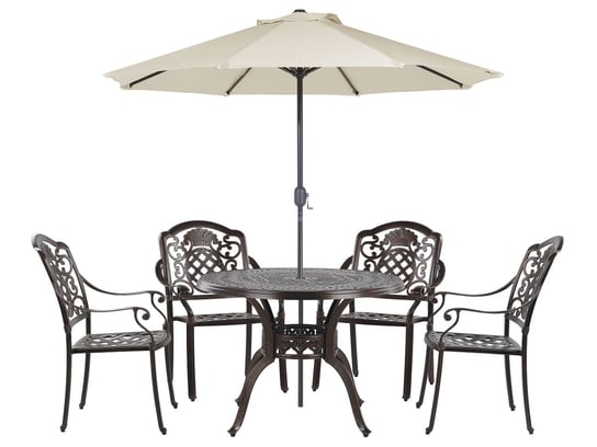Zestaw ogrodowy metalowy stół i 4 krzesła brązowy SALENTO z parasolem (16 opcji do wyboru) Beliani