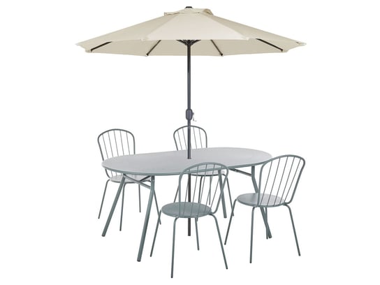 Zestaw ogrodowy metalowy stół i 4 krzesła jasnoniebieski CALVI z parasolem (16 opcji do wyboru) Beliani